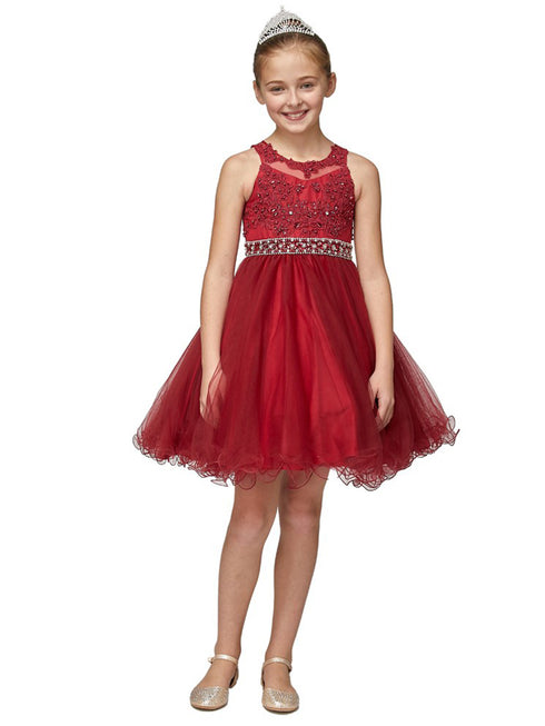 Girls Burgundy Rhinestone Pearl Beaded Mesh Junior Bridesmaid Dress 4-16